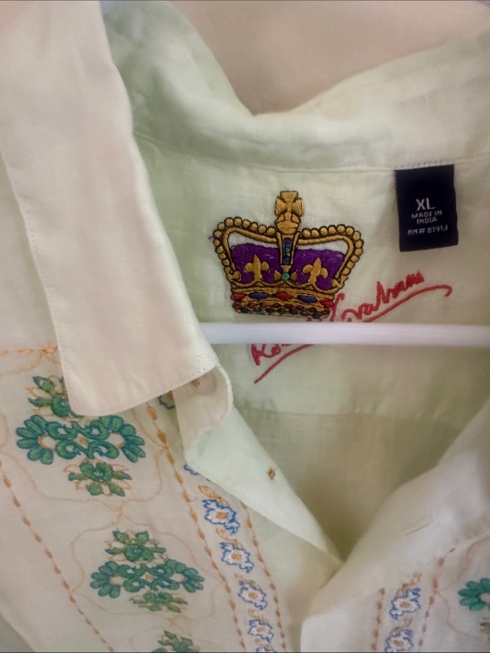 Robert Graham Cream Shirt with Green & Purple Embroidery